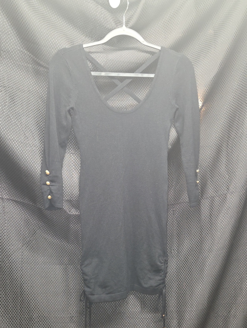 Guess Black Long Sleeve Scoop Neck Dress with Cross-Back And Goldtone Buttons